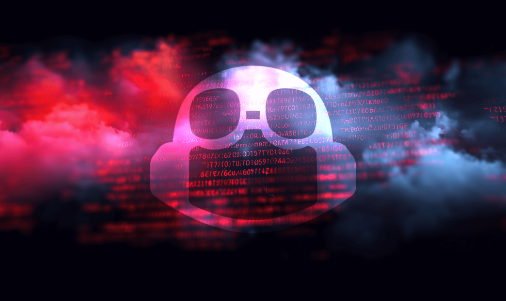 A stylized graphic of ominous clouds with a digitized skull on top