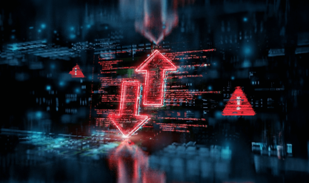 A stylized graphic of an digitized IDE with and and down arrows and red alerts icons on top