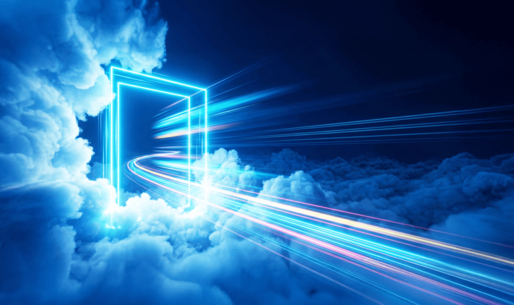 A stylized graphic of a doorway in the clouds with multi-colored streams of light coming in and out