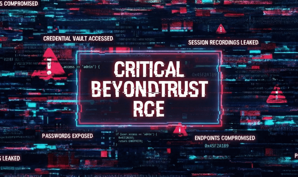 A stylized graphic of a digitized screen with broken imagery and "Critical RCE" in the middle