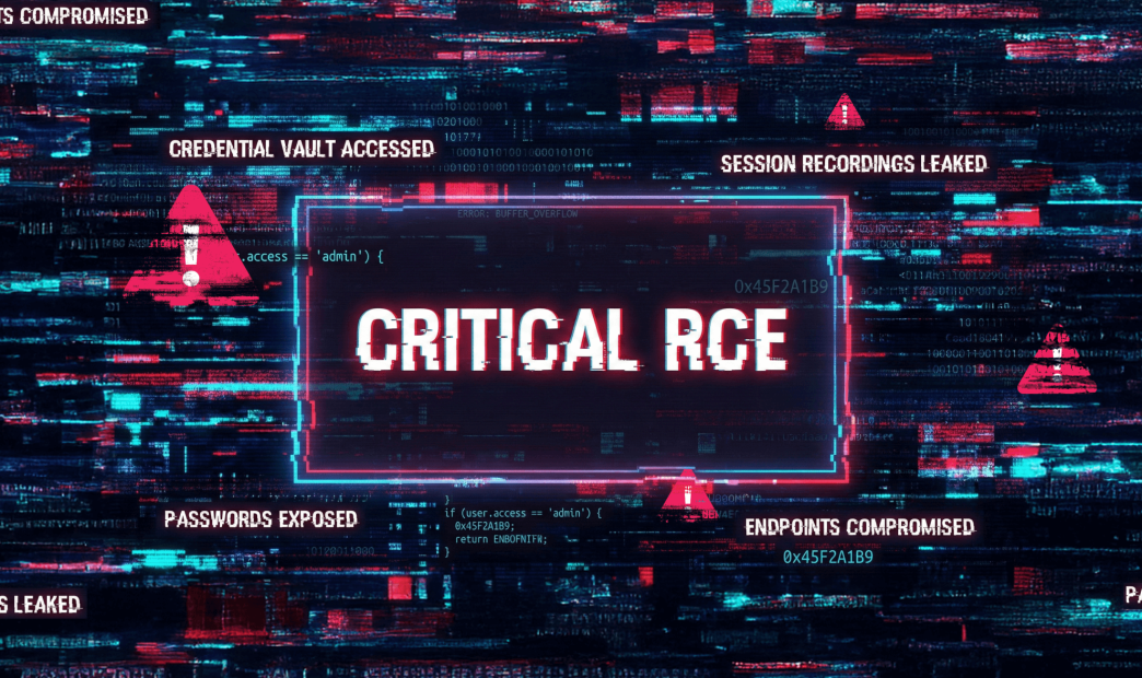A stylized graphic of a digitized screen with broken imagery and "Critical RCE" in the middle