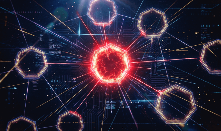 A stylized graphic of connected nodules showing an infected one in the middle