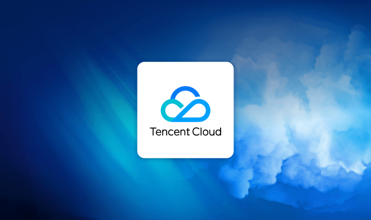 A graphic showing the Tencent cloud logo on top of stylized cloud and light graphics