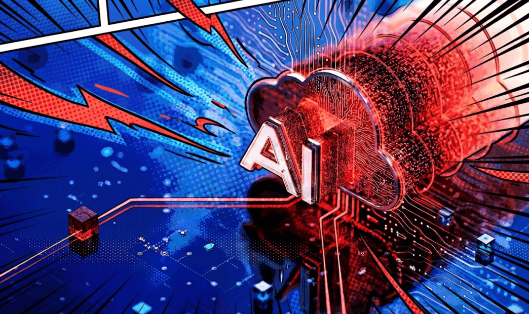 A stylized graphic of digitized attacks targeting an AI database