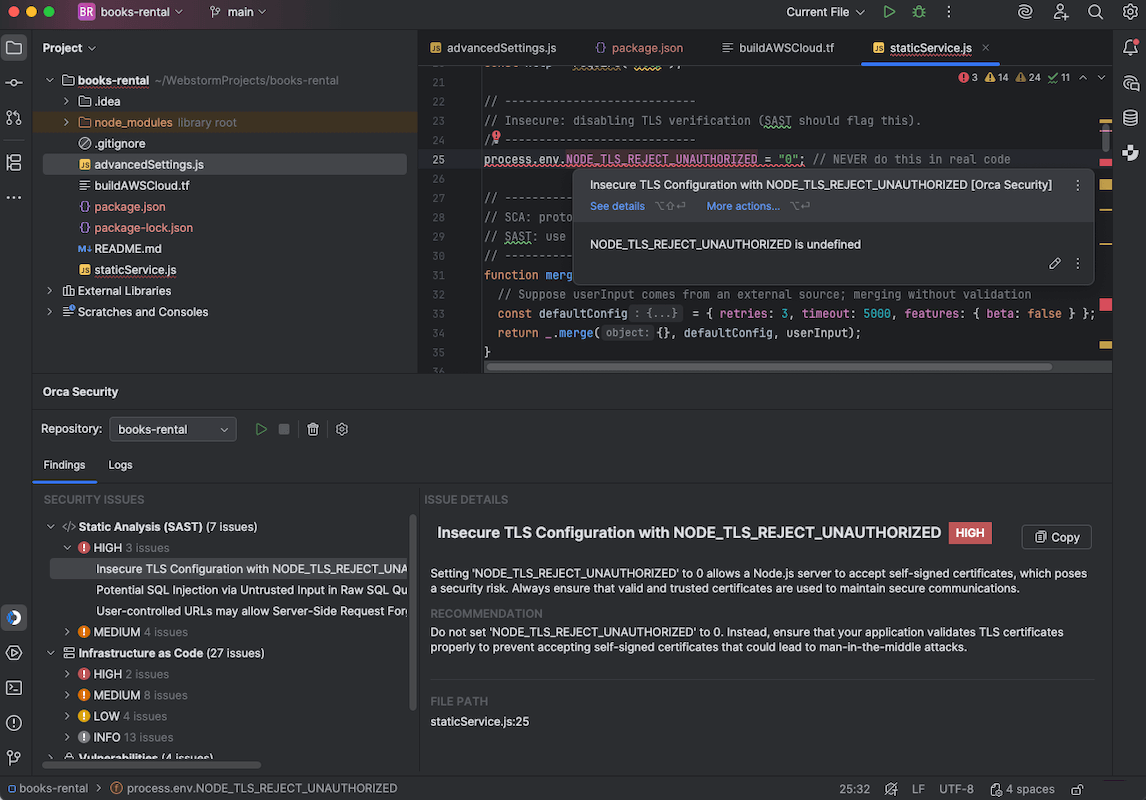 A screenshot from an IntelliJ IDE providing security insights generated from the Orca platform