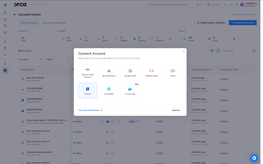 A screenshot of how to connect your Tencent cloud environment with the Orca Platform