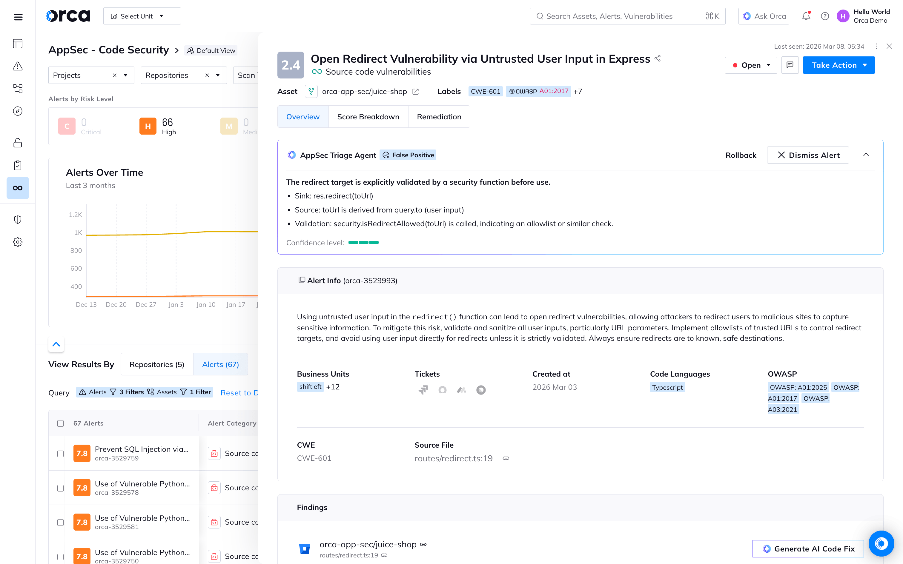 Orca Security AppSec dashboard displaying an open redirect vulnerability alert, with an AI triage agent identifying it as a false positive due to explicit security validation.