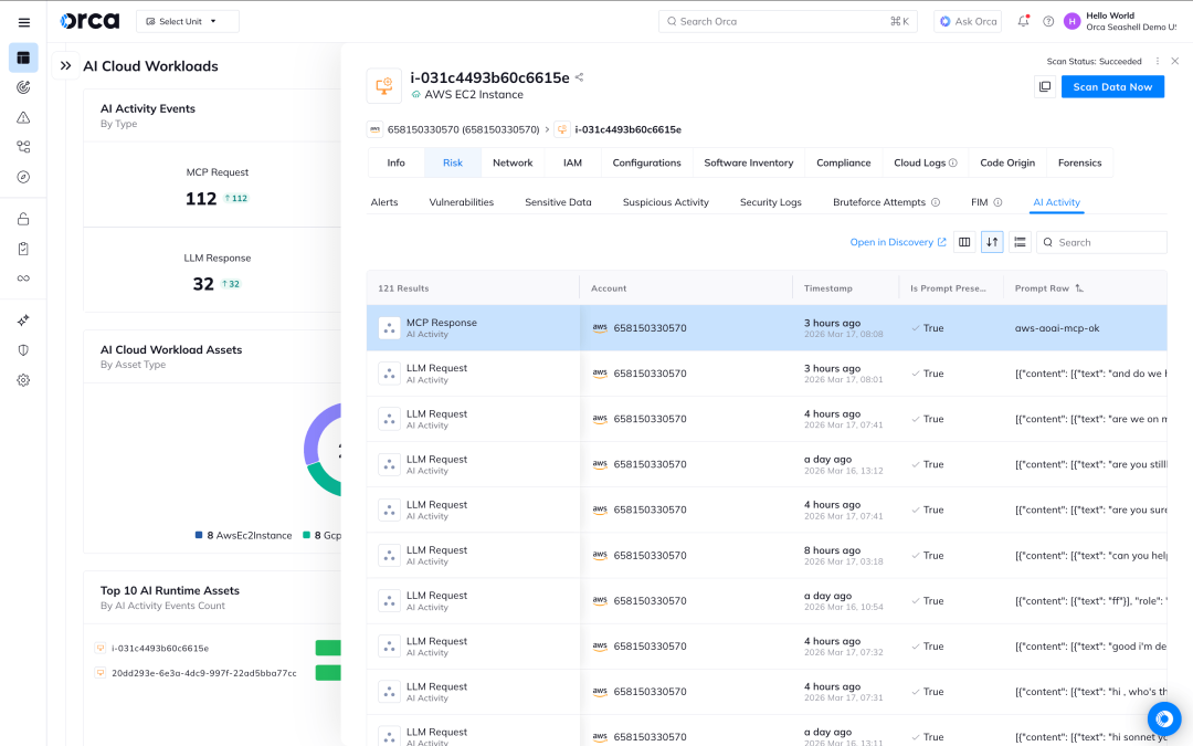 Orca Security platform displaying the AI Activity tab for an AWS cloud workload, detailing specific LLM requests and responses.