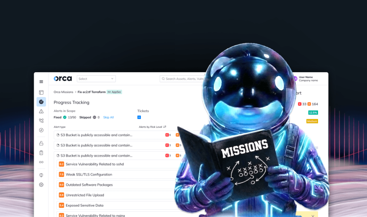 A futuristic orca mascot holding a missions playbook in front of the Orca Missions dashboard, displaying progress tracking and expected impact for cloud security remediation.