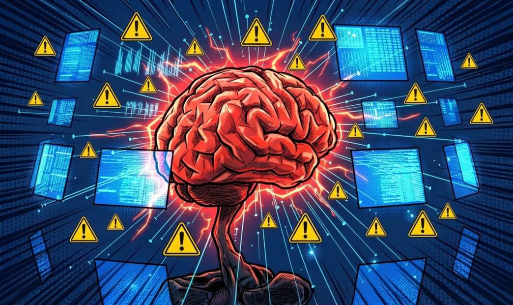 A human brain processing real-time cybersecurity threats surrounded by digital data screens and malware warning indicators.