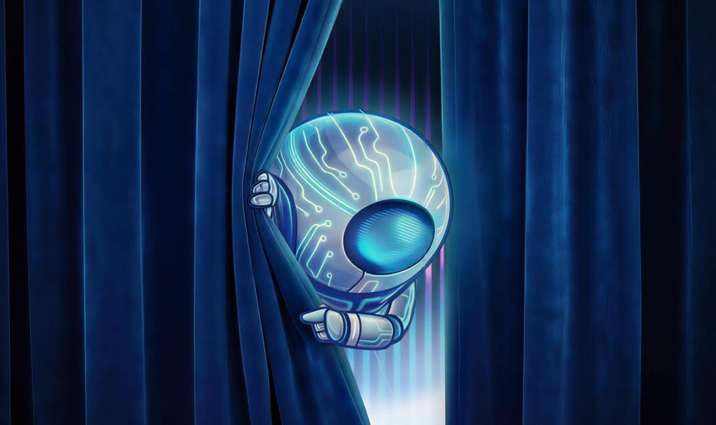 Futuristic robot with glowing circuitry peeking through stage curtains to reveal a new innovation.