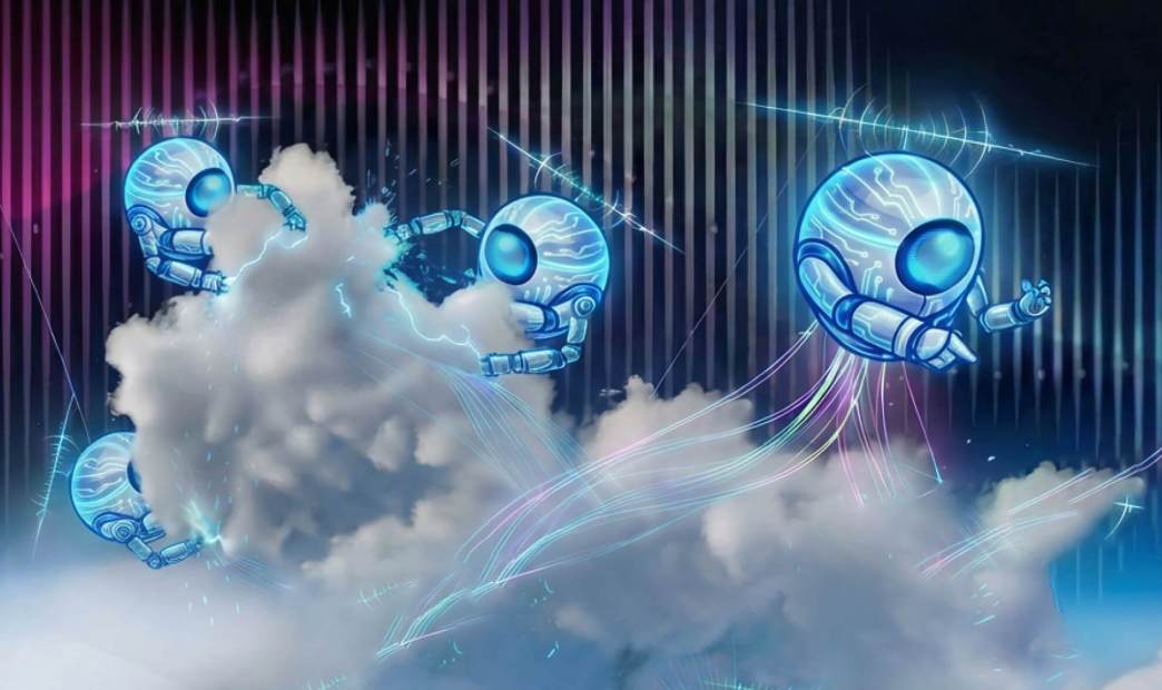 Futuristic robots with glowing circuitry actively monitoring and securing data within a cloud environment.
