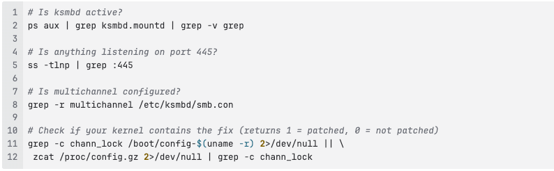 Terminal commands for auditing ksmbd status, including process activity, port 445 listening state, multichannel configuration, and kernel patch verification for the chann_lock fix.