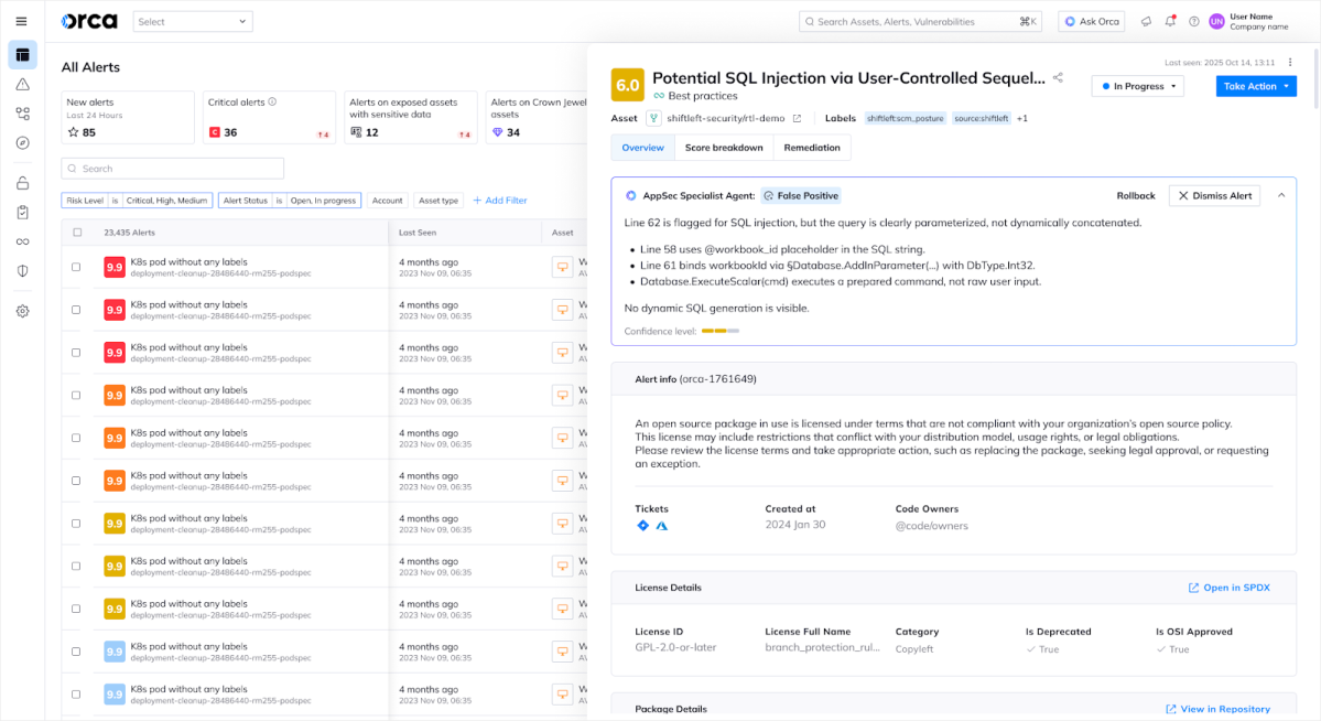 Orca Cloud Security Platform dashboard featuring an AI AppSec agent identifying a potential SQL injection alert as a false positive.