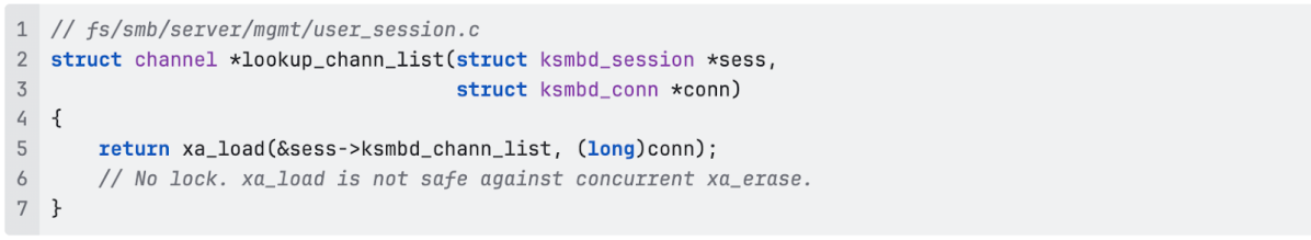 C code snippet from ksmbd showing the lookup_chann_list function, demonstrating a concurrency vulnerability where xa_load is executed without a lock.