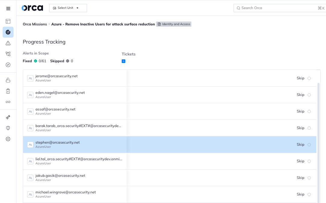 Orca Missions dashboard showing progress tracking for an Azure identity remediation task aimed at removing inactive users.