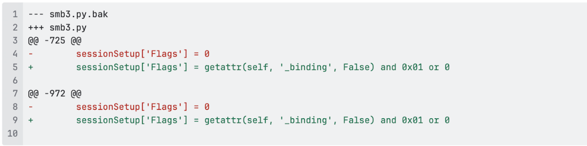 Python code diff for smb3.py updating session setup flags to correctly implement the 0x01 session binding flag.
