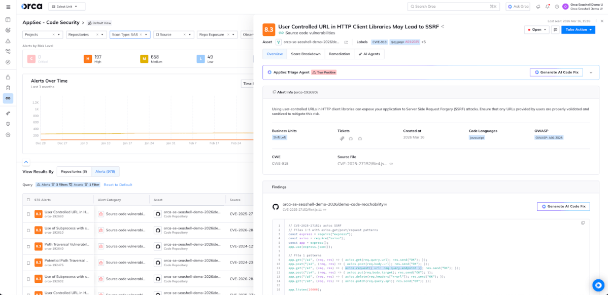 Orca Security AppSec dashboard detailing an SSRF vulnerability alert with an AI triage agent's "True Positive" finding and code-level evidence.