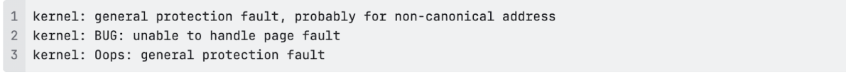 Kernel log showing general protection fault and page fault errors, typical indicators of a crash during a memory-corruption exploit.