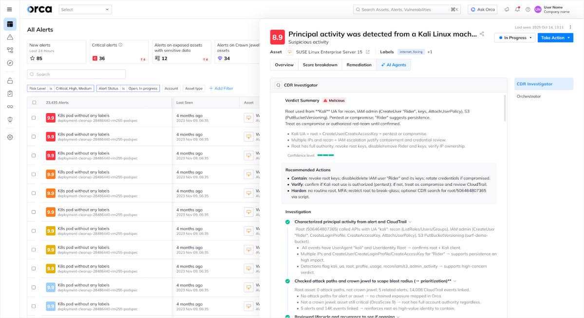 Orca Cloud Security Platform displaying an AI-driven investigation of a high-risk security alert within the CDR Investigator dashboard.