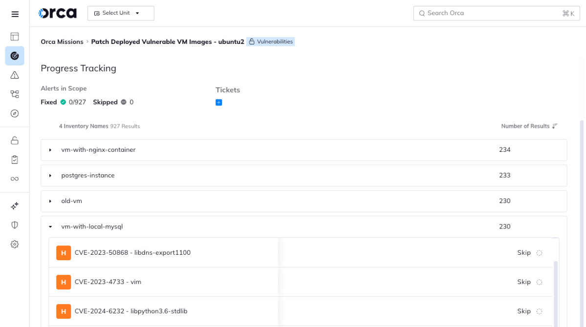 Orca Missions dashboard tracking progress for patching vulnerable VM images, detailing high-risk CVEs across inventory assets.