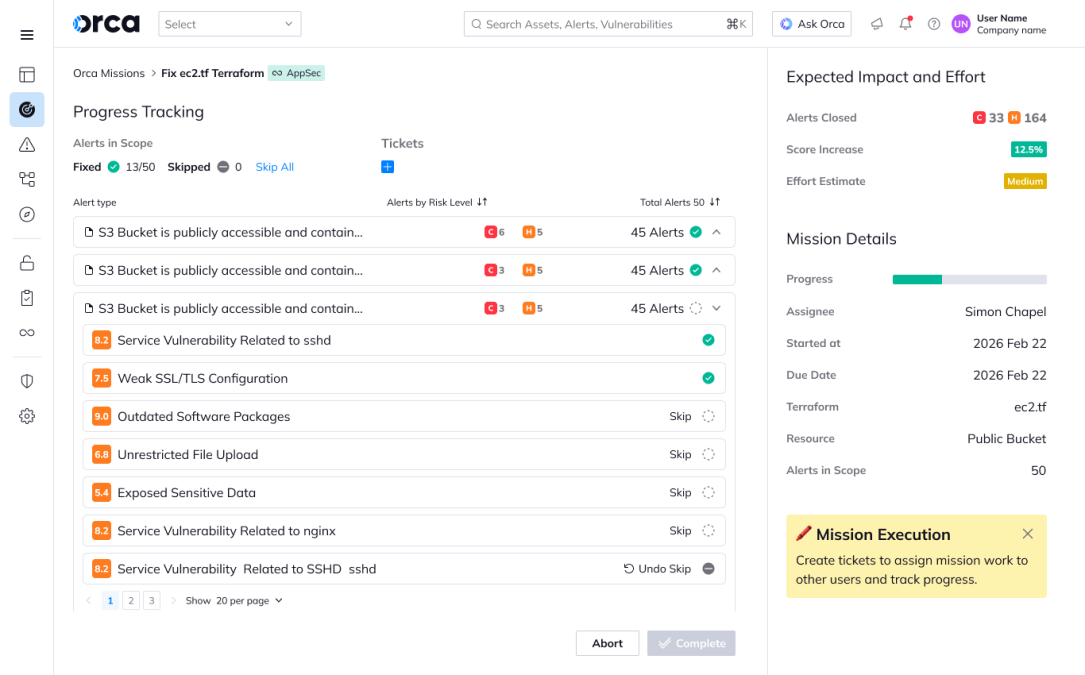 Orca Security platform displaying progress tracking for a Terraform remediation mission, highlighting fixed alerts and expected security score impact.