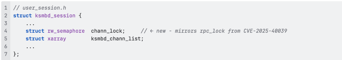 C code snippet illustrating a security patch for struct ksmbd_session, adding a read-write semaphore to protect the channel list from race conditions.