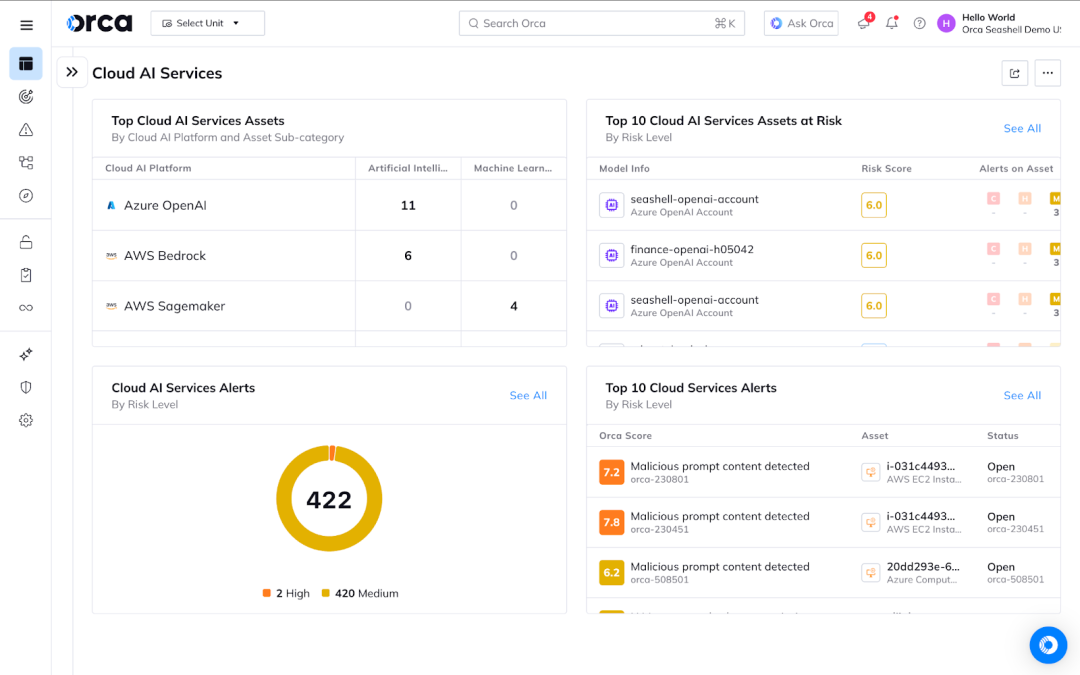 A screenshot of the Cloud-managed AI Services dashboard in the Orca Platform