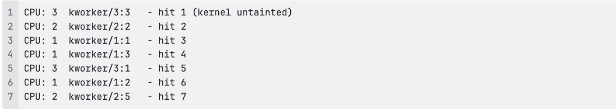 Kernel log summary showing sequential execution hits across multiple CPU cores by kernel workers, indicating successful multi-threaded race condition triggers