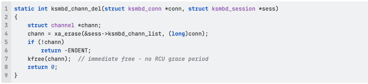 C code snippet of the ksmbd_chann_del function demonstrating an immediate kfree without an RCU grace period, indicating a potential use-after-free vulnerability.