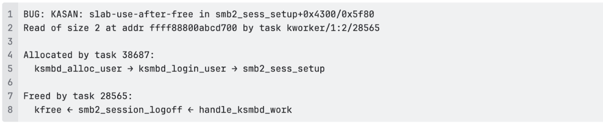 KASAN kernel log detail for CVE-2026-23226 showing a slab-use-after-free in smb2_sess_setup with allocation and free call stacks