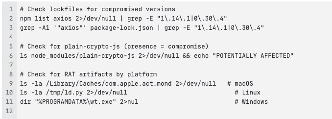 Terminal commands for threat hunting, identifying compromised npm packages and Remote Access Trojan (RAT) artifacts across macOS, Linux, and Windows.