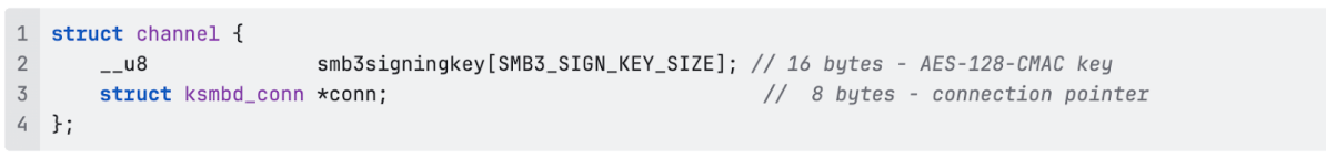 C code defining struct channel with a 16-byte AES-128-CMAC signing key and a ksmbd_conn connection pointer.