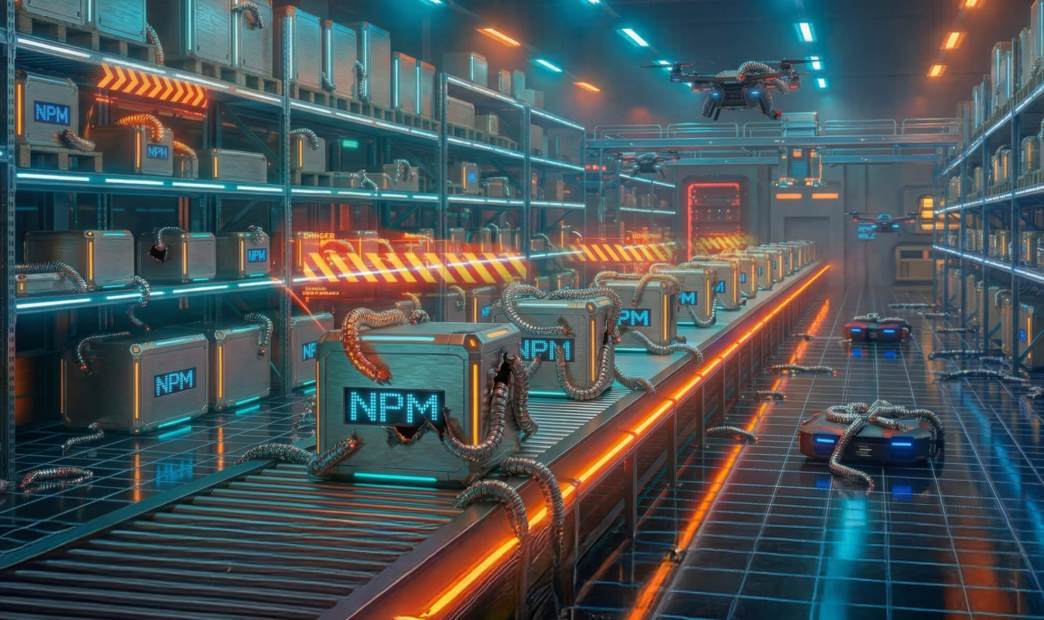 A stylized graphic of digital worm-like insects crawling all over NPM containers