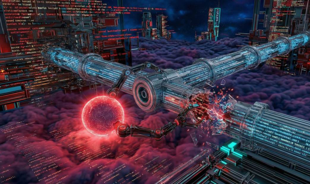 A stylized graphic of a digitized pipeline being destroyed by a harmful orb with claws