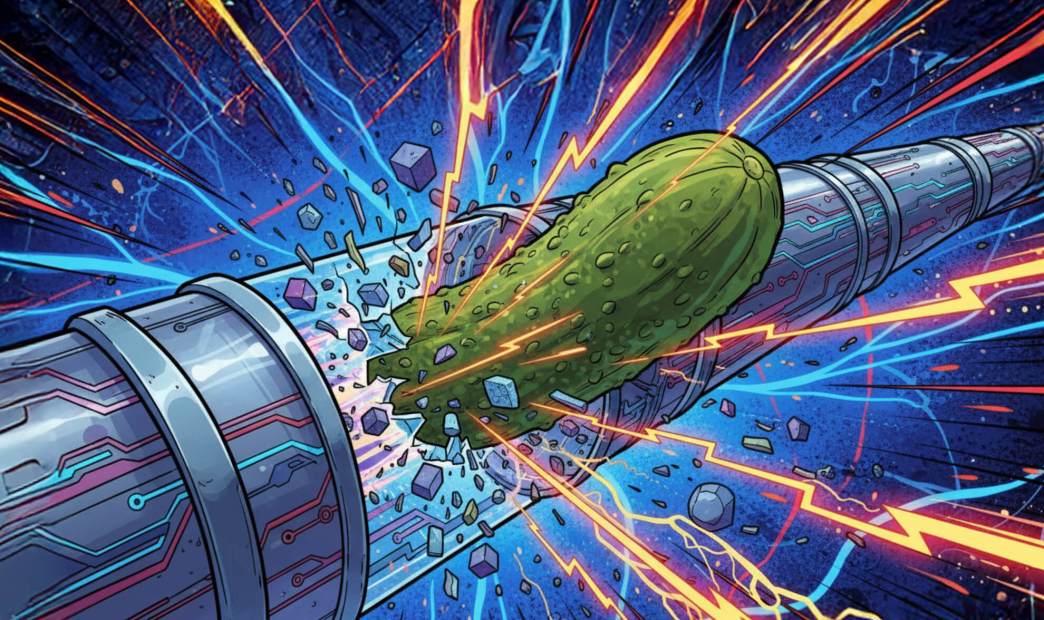 A stylized graphic of a pickle smashing into a pipeline