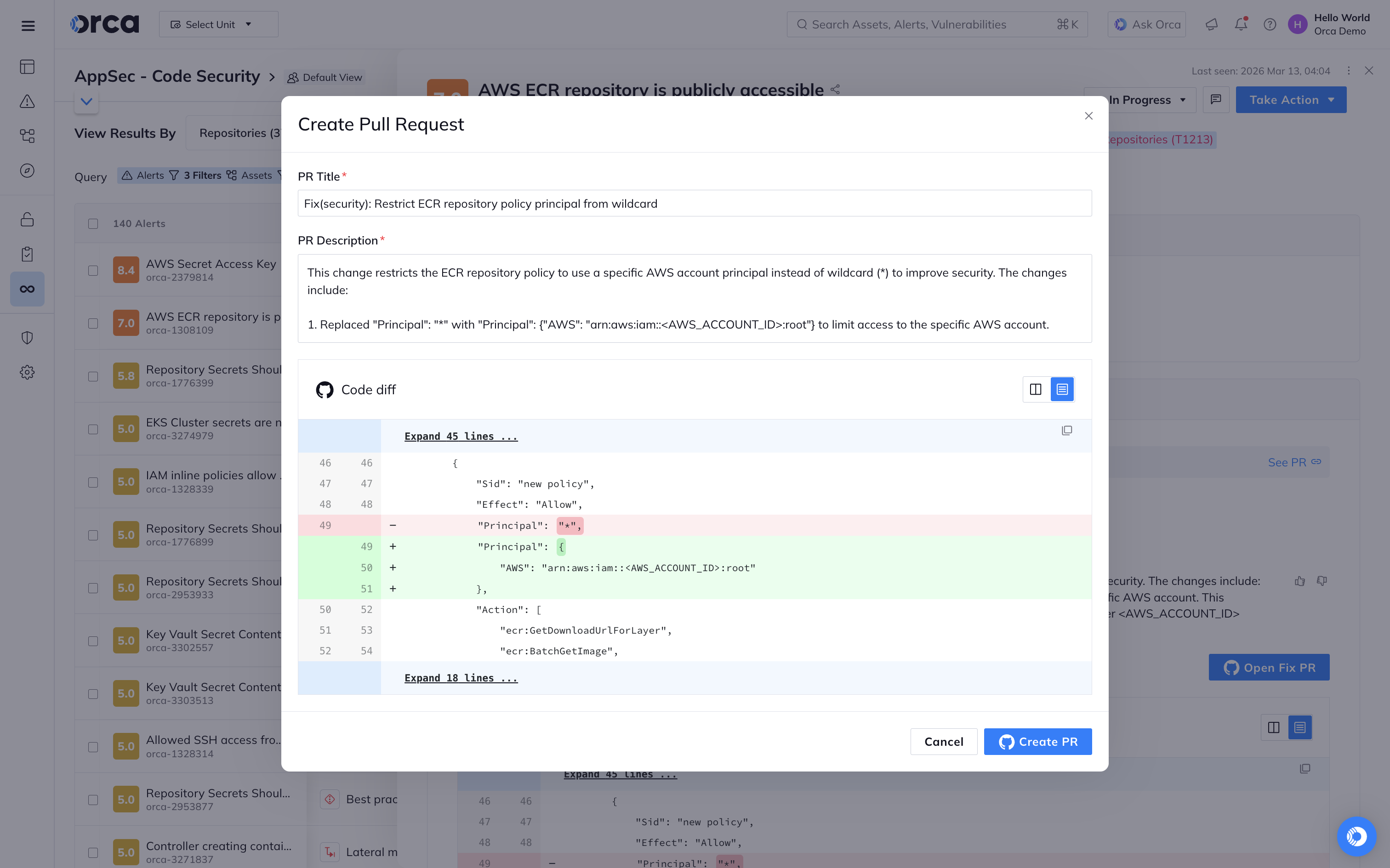 A screenshot of the Orca platform allowing users to create pull requests for their repositories directly through the platform