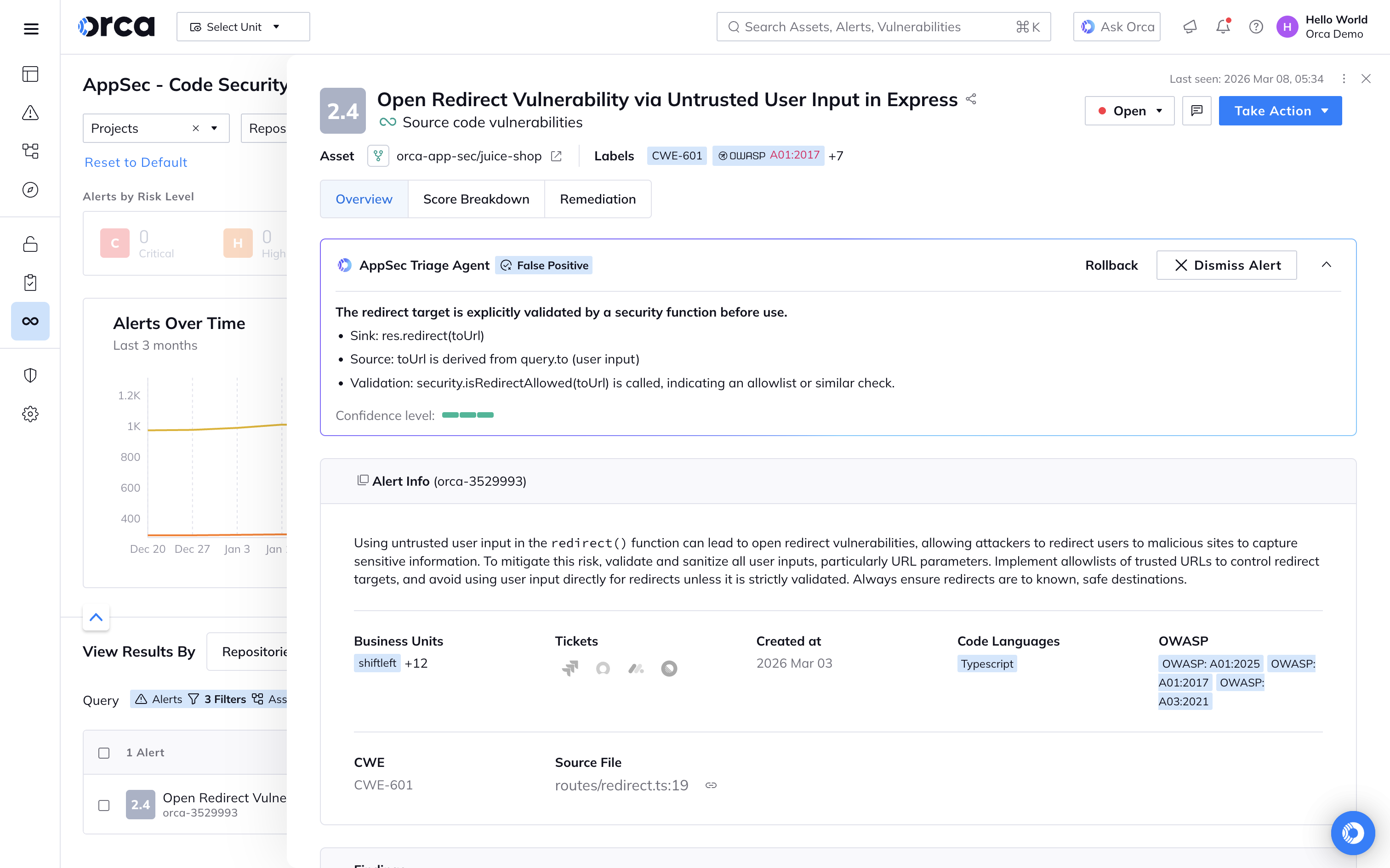A screenshot of the Orca Platform's AppSec Triage Agent providing context on a vulnerability alert