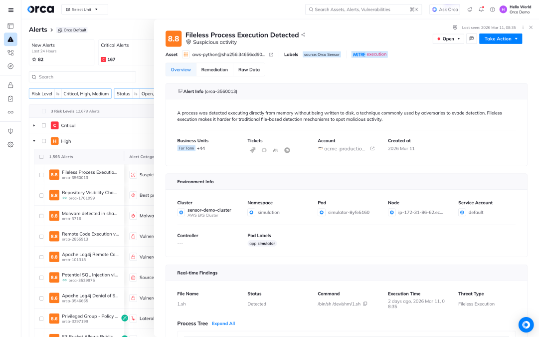 A screenshot of real-time alert of malware execution using Orca Sensor