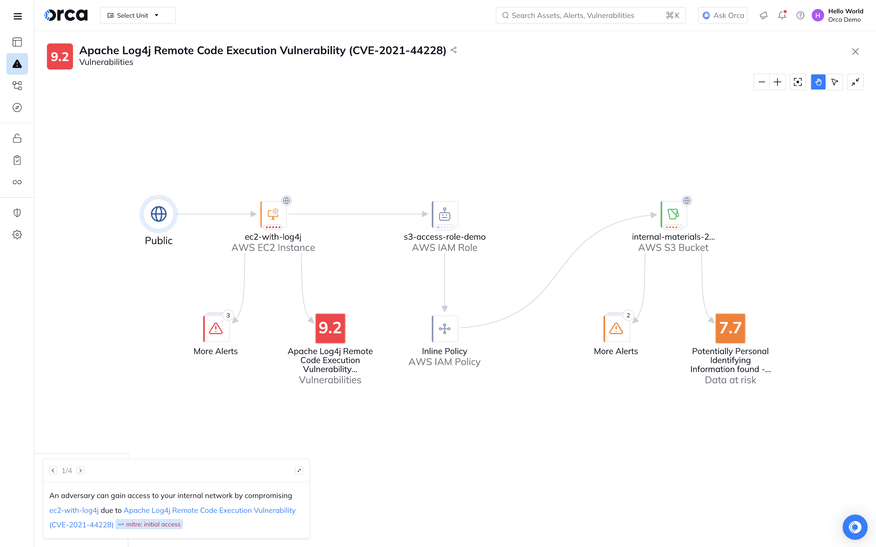 A screenshot of the Orca platform showing an attack path graph