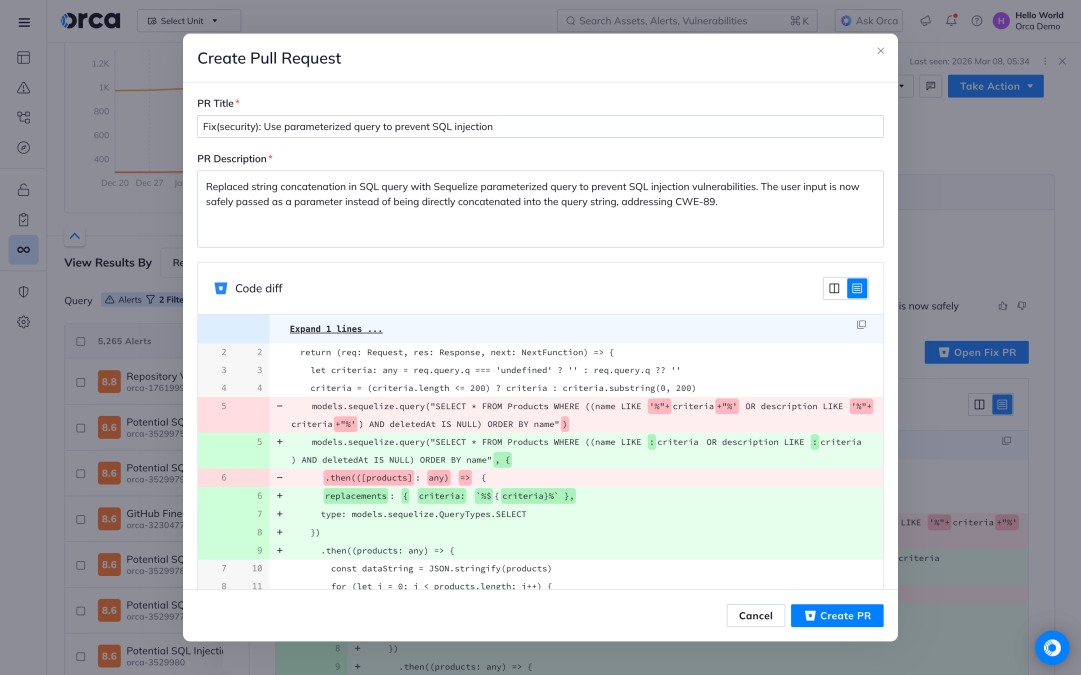A screenshot of the Orca Platform providing quick access to create a pull request for AI-generated code fixes for vulnerabilities