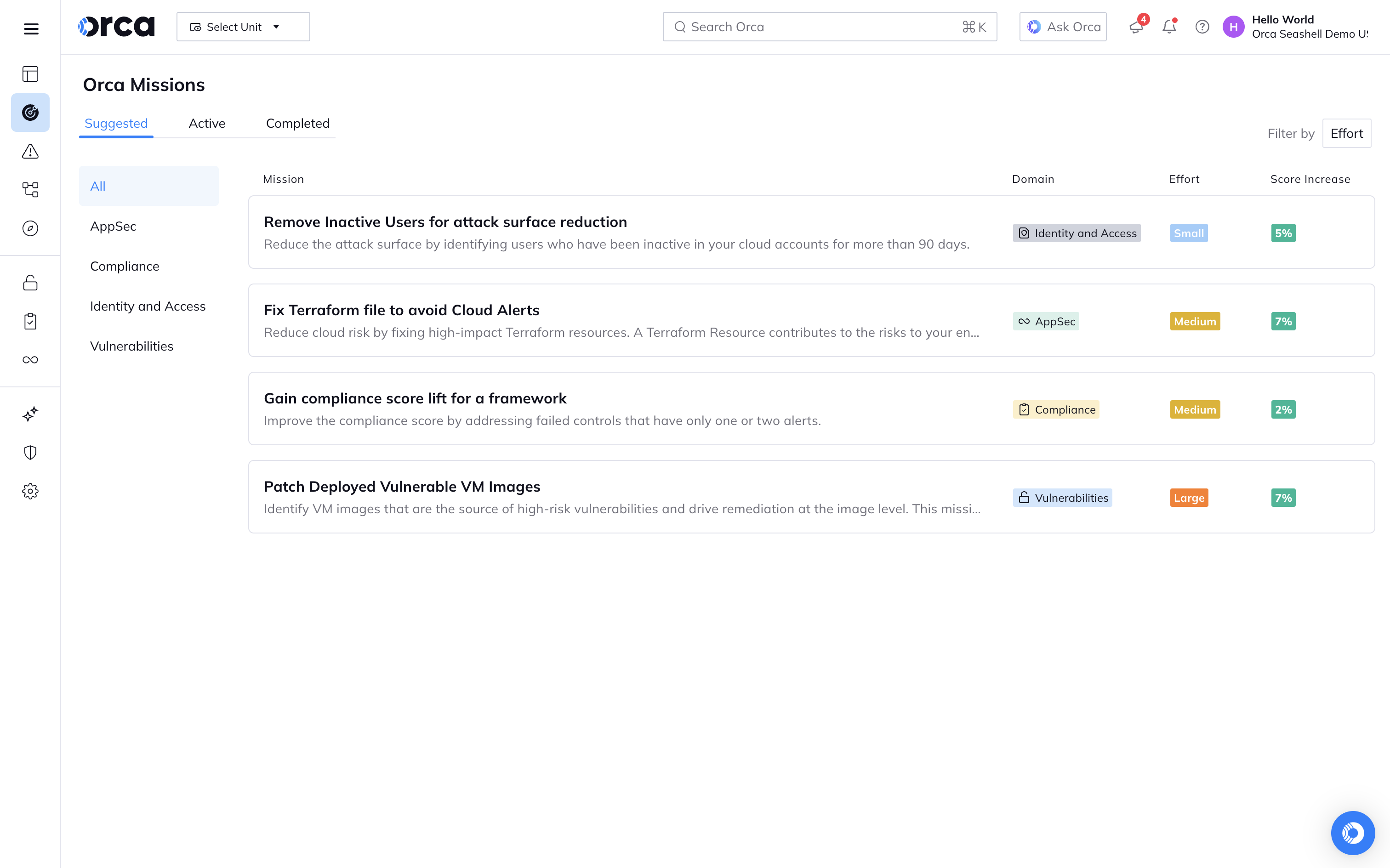 A screenshot of the Orca Mission dashboard within the Orca Platform