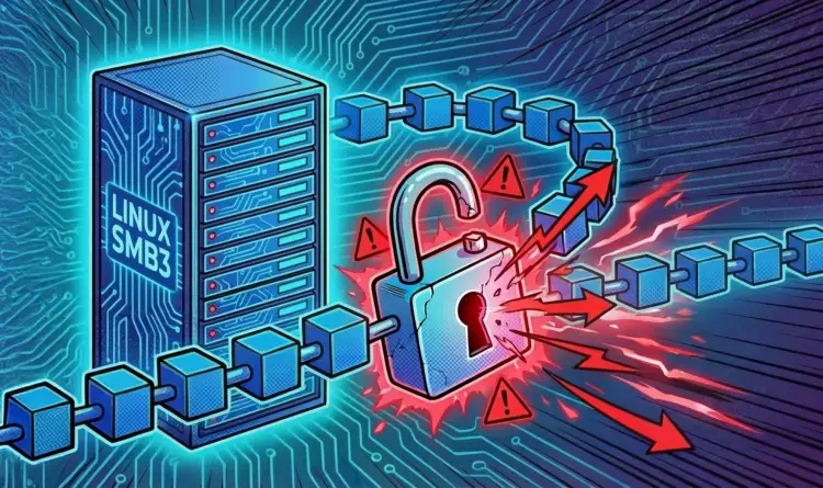 Cyber-themed illustration of a Linux SMB3 server with a broken padlock, symbolizing a missing lock vulnerability in ksmbd.