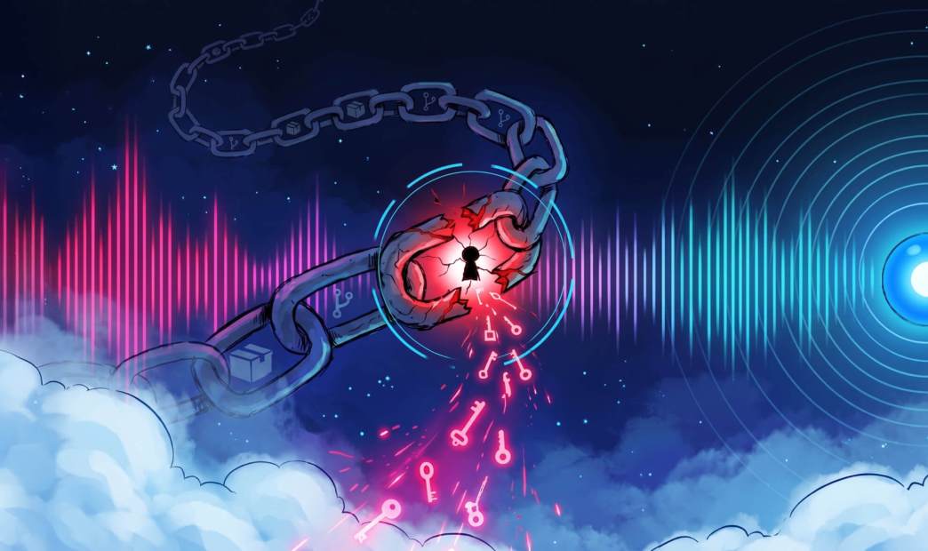 Stylized illustration of a shattered software supply chain link leaking glowing red keys, representing a supply chain attack and credential theft.