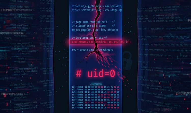 Technical illustration of the Linux 'Copy Fail' (CVE-2026-31431) exploit, showing C code for page cache corruption leading to root access (uid=0).