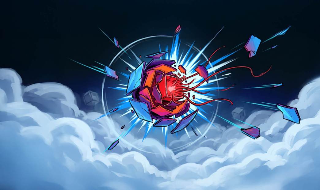 Cyber-themed illustration of an exploding mechanical core against a cloudscape, symbolizing a critical software supply chain compromise.