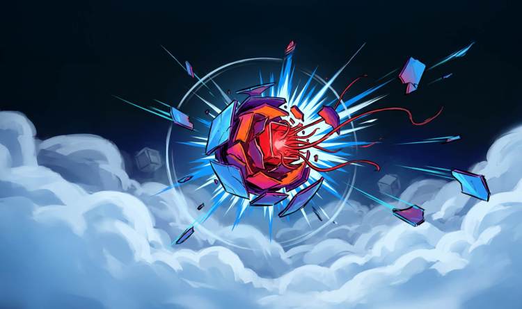 Cyber-themed illustration of an exploding mechanical core against a cloudscape, symbolizing a critical software supply chain compromise.